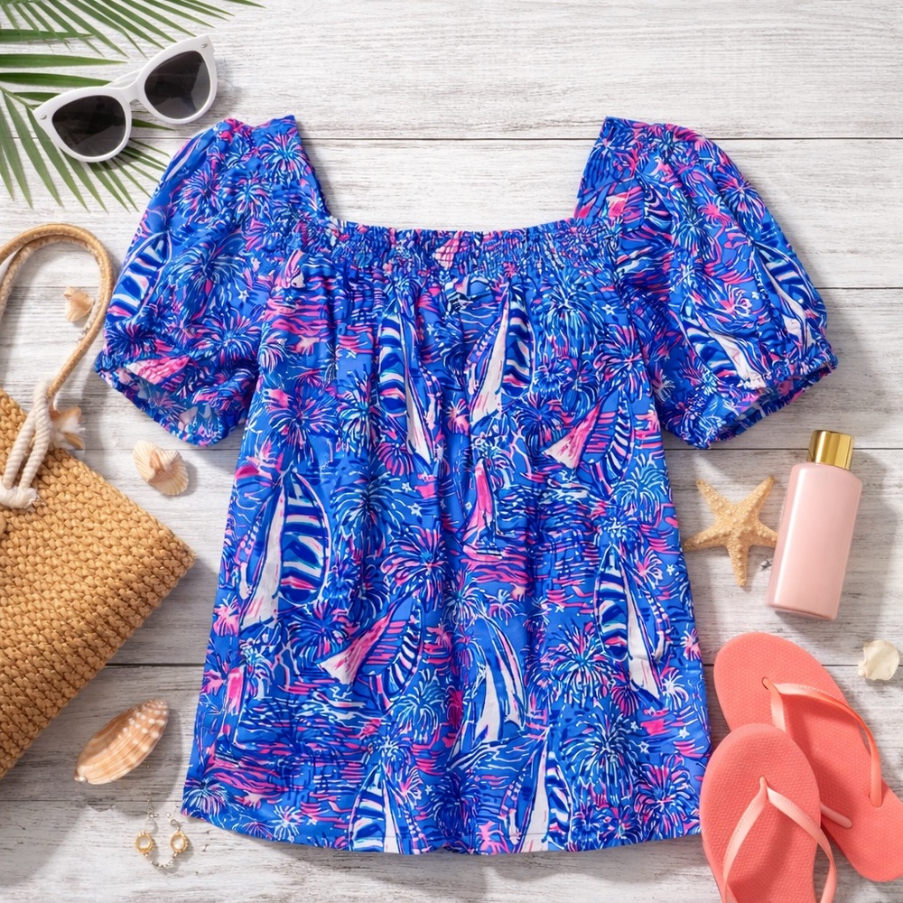 Lilly Pulitzer Blue & Pink Sailboat Smocked Peasant Top